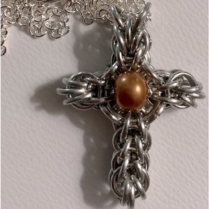 Brown Pearl Cross Handmade Chainmaille in platinum Necklace